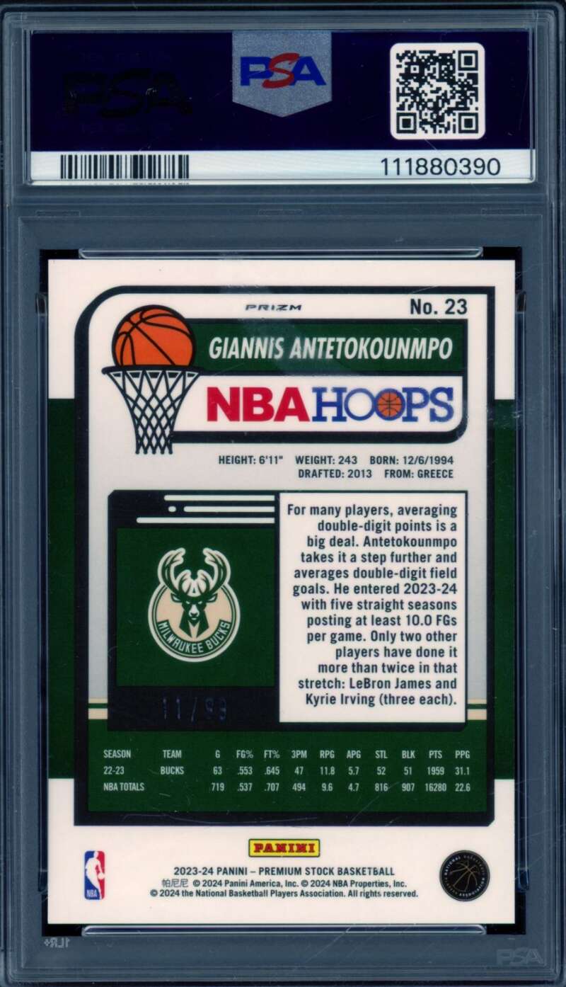 Giannis Antetokounmpo Card 2023-24 Hoops Premium Stock Blue Ice Prizm #23 PSA 10 Image 2