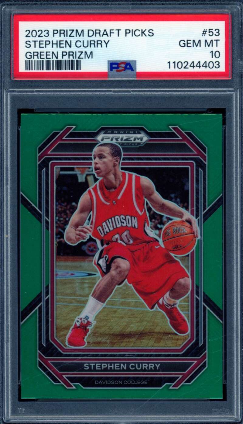 Stephen Curry Card 2023-24 Prizm Draft Picks Green Prizm (pop 12) #53 PSA 10 Image 1