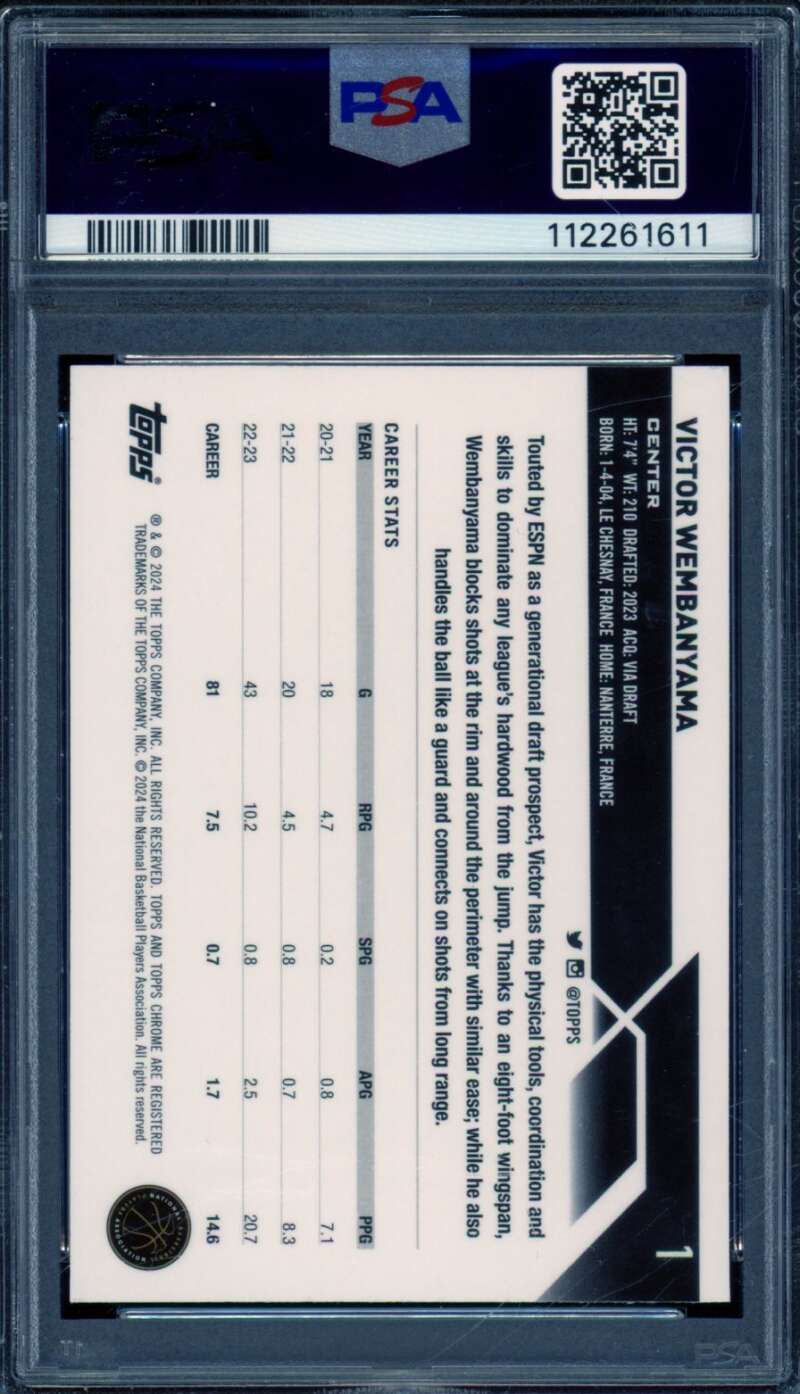 Victor Wembanyama Rookie Card 2023-24 Topps Chrome Pink Refractor #1 PSA 9 Image 2