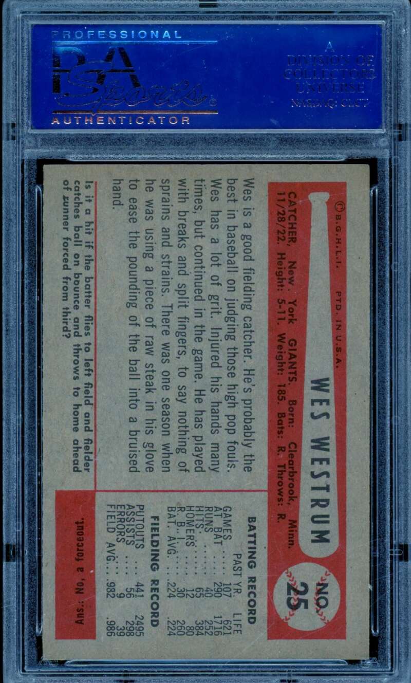 Wes Westrum Card 1954 Bowman #25 PSA 8 Image 2