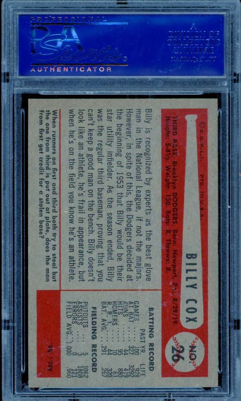 Billy Cox Card 1954 Bowman #26 PSA 8 Image 2