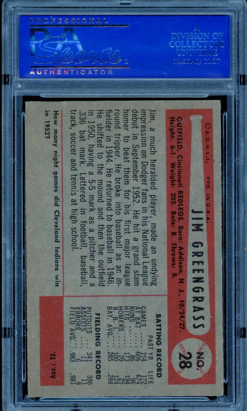 Jim Greengrass Card 1954 Bowman #28 PSA 8 Image 2