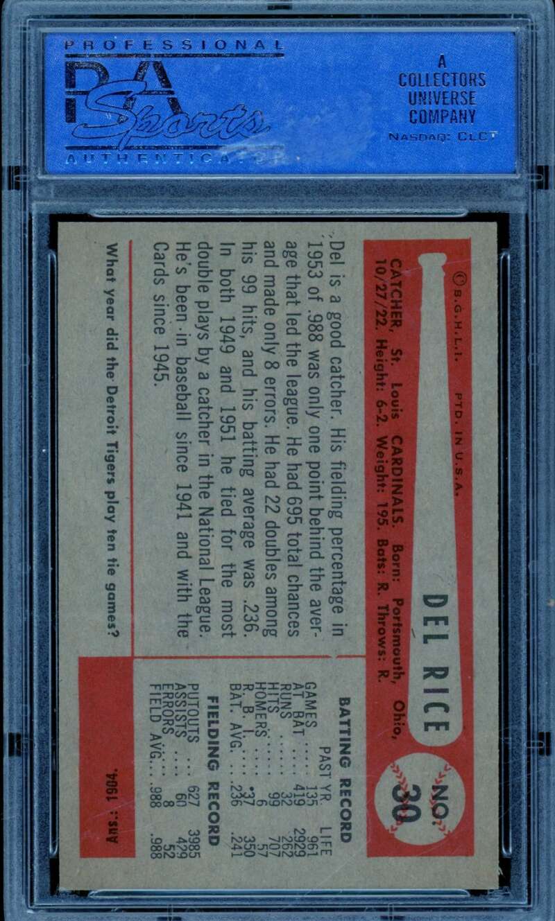 Delbert Rice Jr. Card 1954 Bowman #30 PSA 8 Image 2
