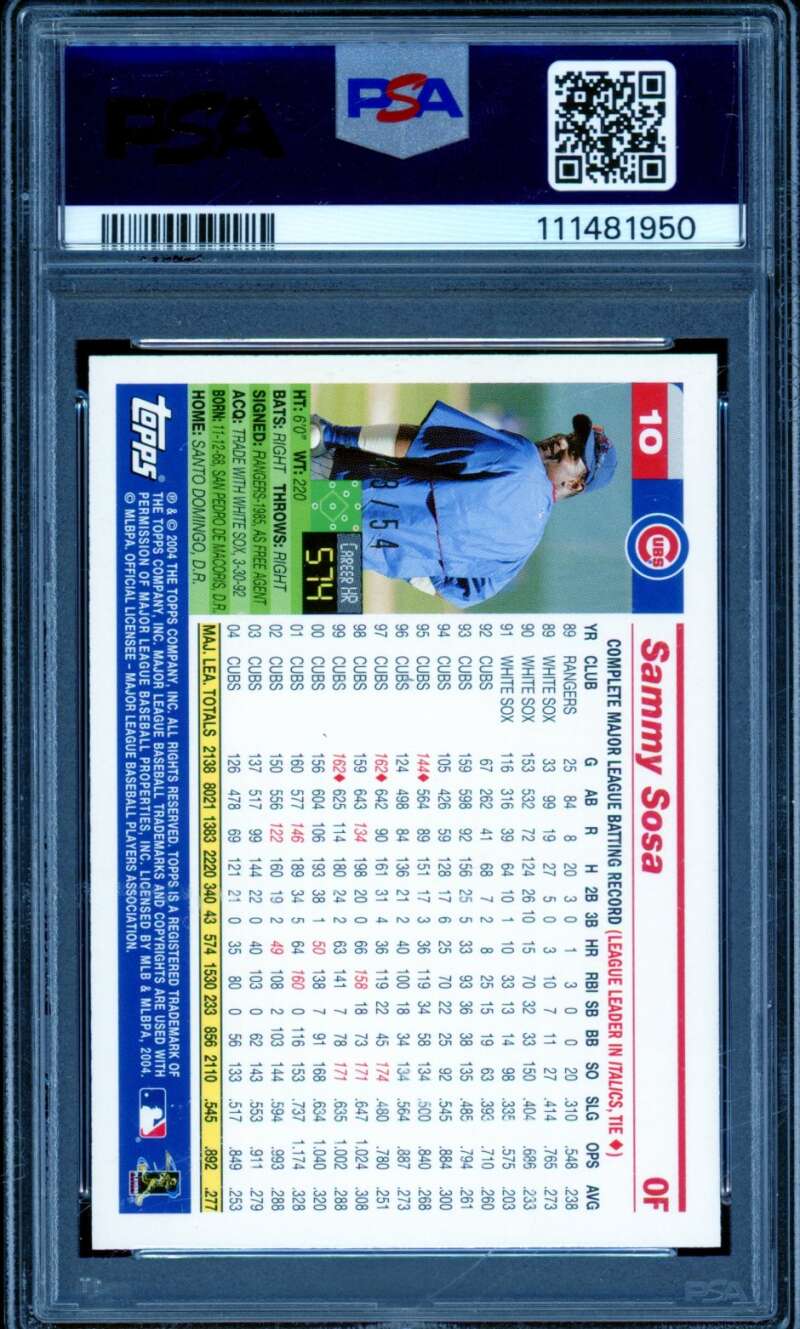 Sammy Sosa Card 2005 Topps Black (43/54) (pop 1) #10 PSA 8 Image 2