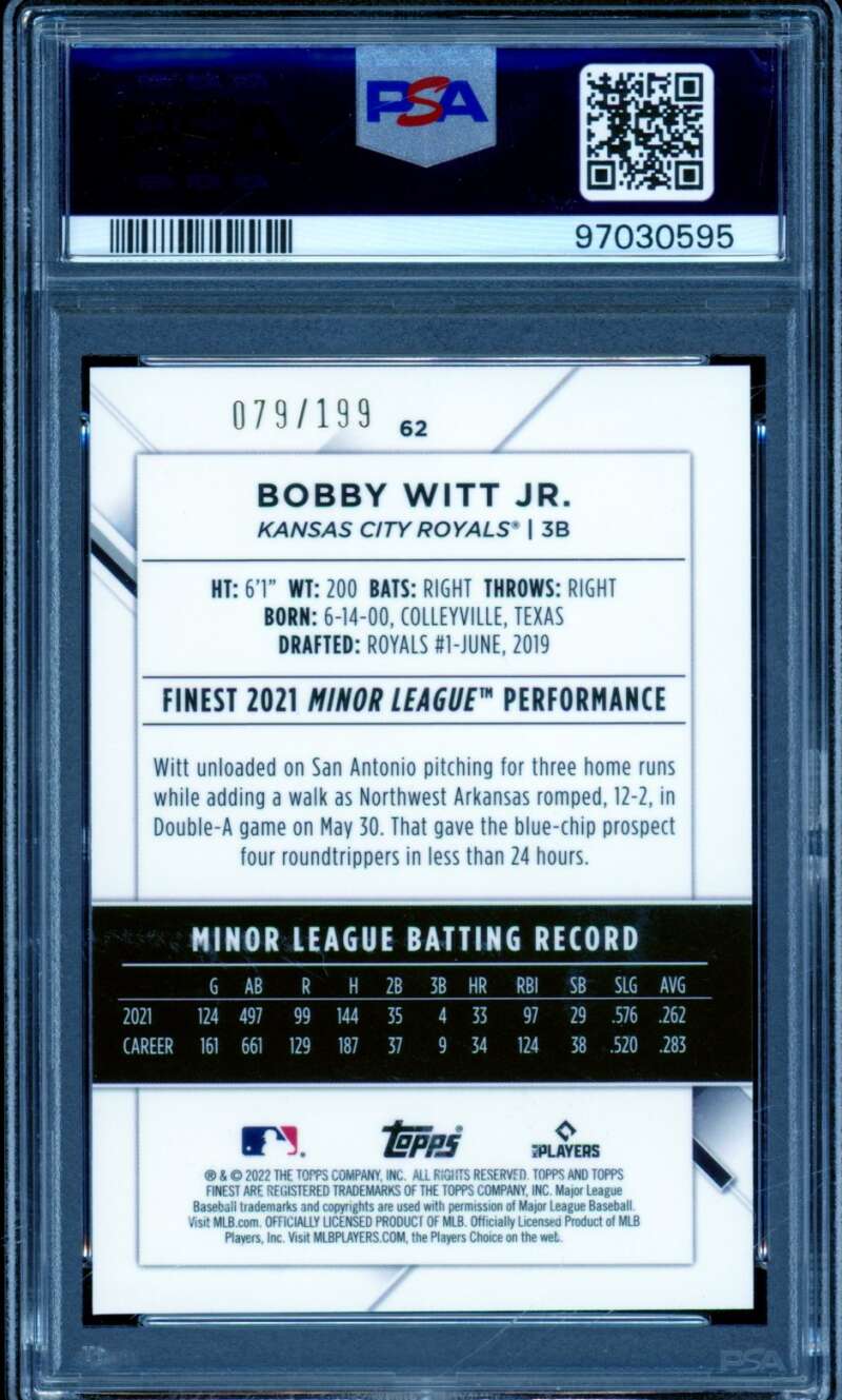 Bobby Witt Jr. Rookie Card 2022 Finest Aqua Refractor #62 PSA 10 Image 2