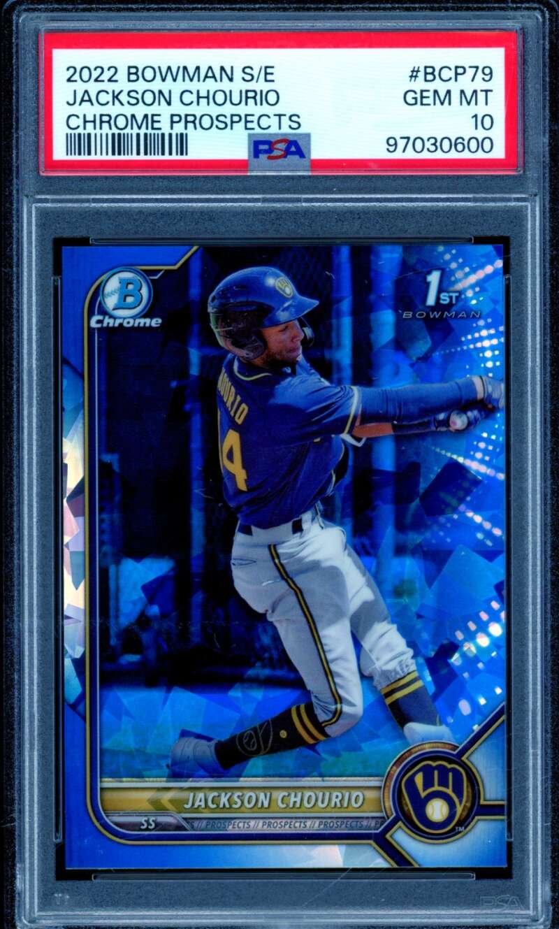 Jackson Chourio Rookie Card 2022 Bowman Chrome Sapphire Prospects #BCP79 PSA 10 Image 1