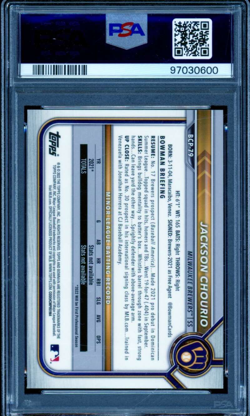 Jackson Chourio Rookie Card 2022 Bowman Chrome Sapphire Prospects #BCP79 PSA 10 Image 2