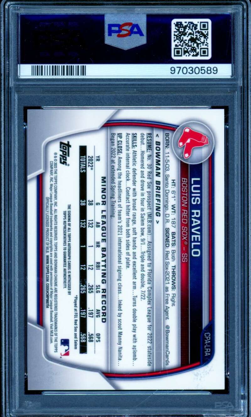 Luis Ravelo Rookie 2023 Bowman Chrome Prospect Auto Green Shimmer #CPALRA PSA 10 Image 2