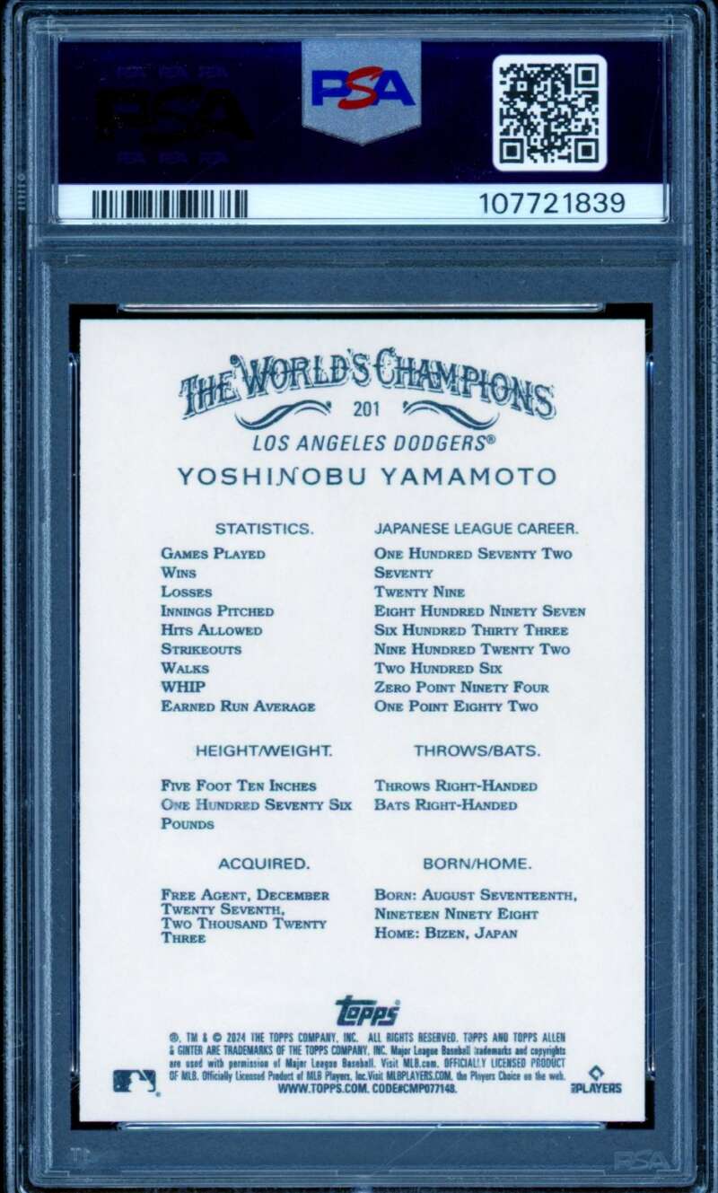 Yoshinobu Yamamoto Card 2024 Allen Ginter #201 PSA 10 Image 2