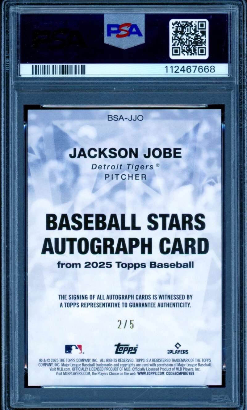 Jackson Jobe Rookie Card 2025 Topps Baseball Stars Auto Red (2/5) #Bsajjo PSA 9 Image 2