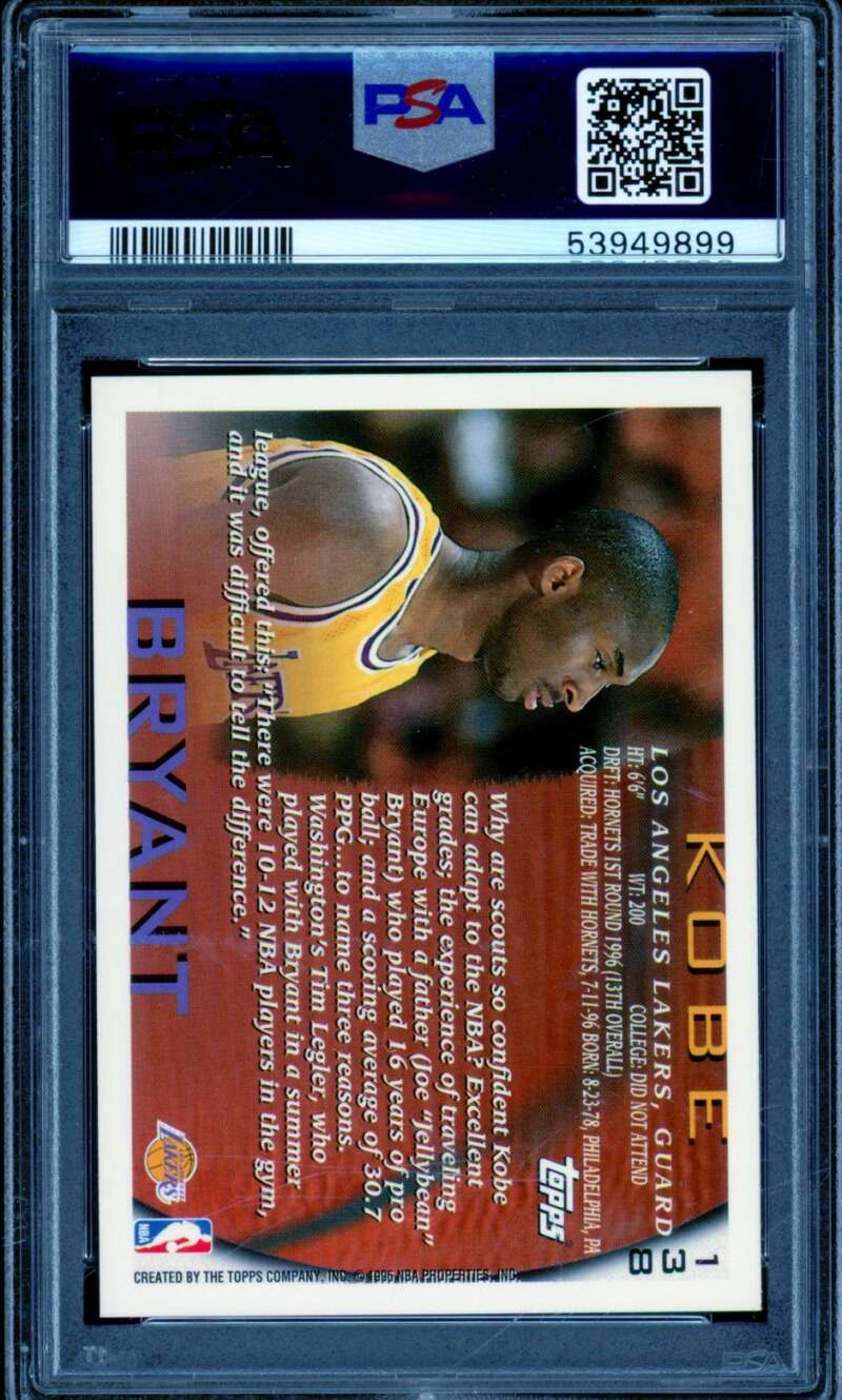 Kobe Bryant Rookie Card 1996-97 Topps #138 PSA 9 Image 2