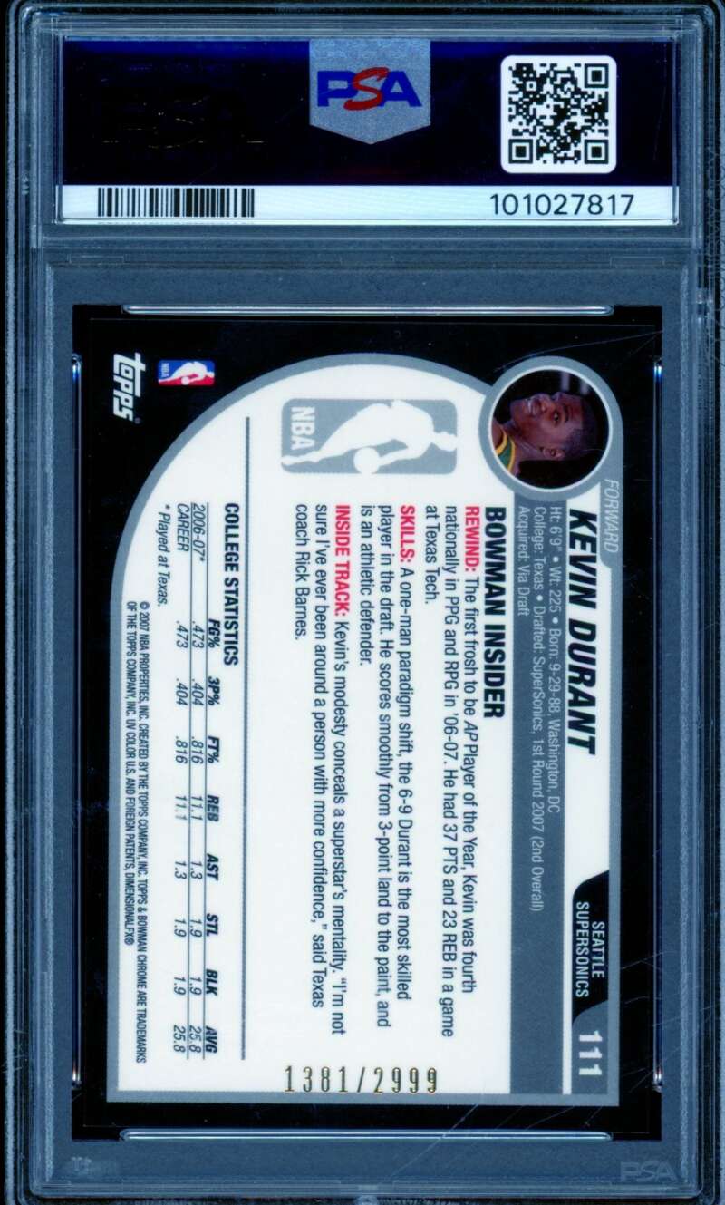 Kevin Durant Rookie Card 2007-08 Bowman Chrome #111 PSA 9 Image 2