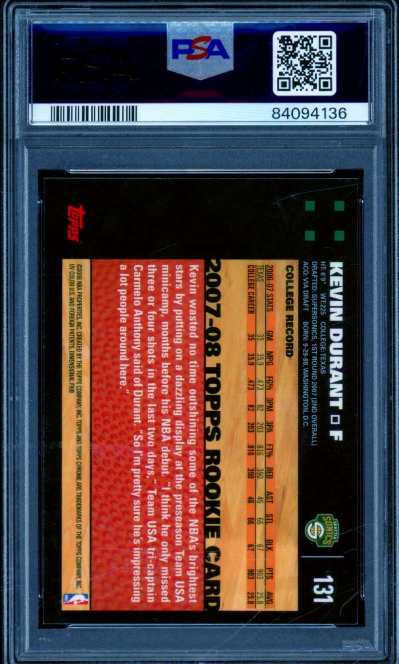 Kevin Durant Rookie Card 2007-08 Topps Chrome #131 PSA 9 Image 2