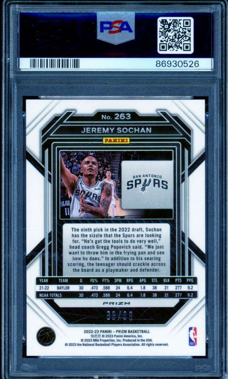 Jeremy Sochan Rookie 2022-23 Prizm Purple Prizm #263 PSA 9 (holder scratches) Image 2
