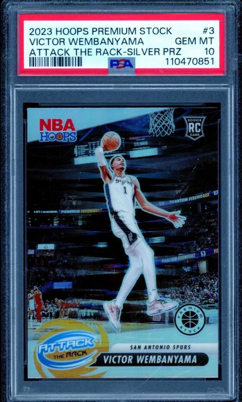 Victor Wembanyama Rookie 2023 Hoops Premium Attack Rack Silver Prizm #3 PSA 10 Image 1