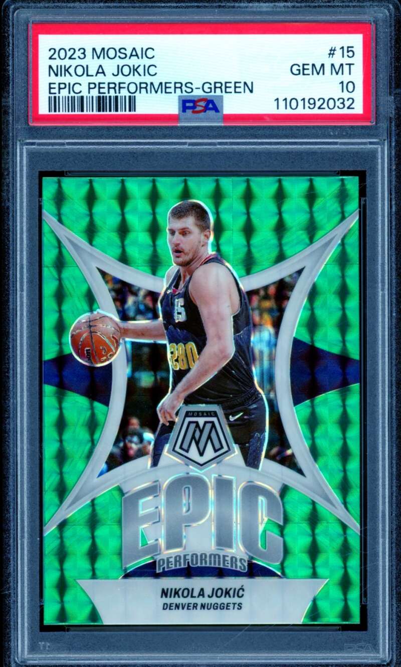 Nikola Jokic Card 2023-24 Mosaic Epic Performers Green (pop 4) #15 PSA 10 Image 1