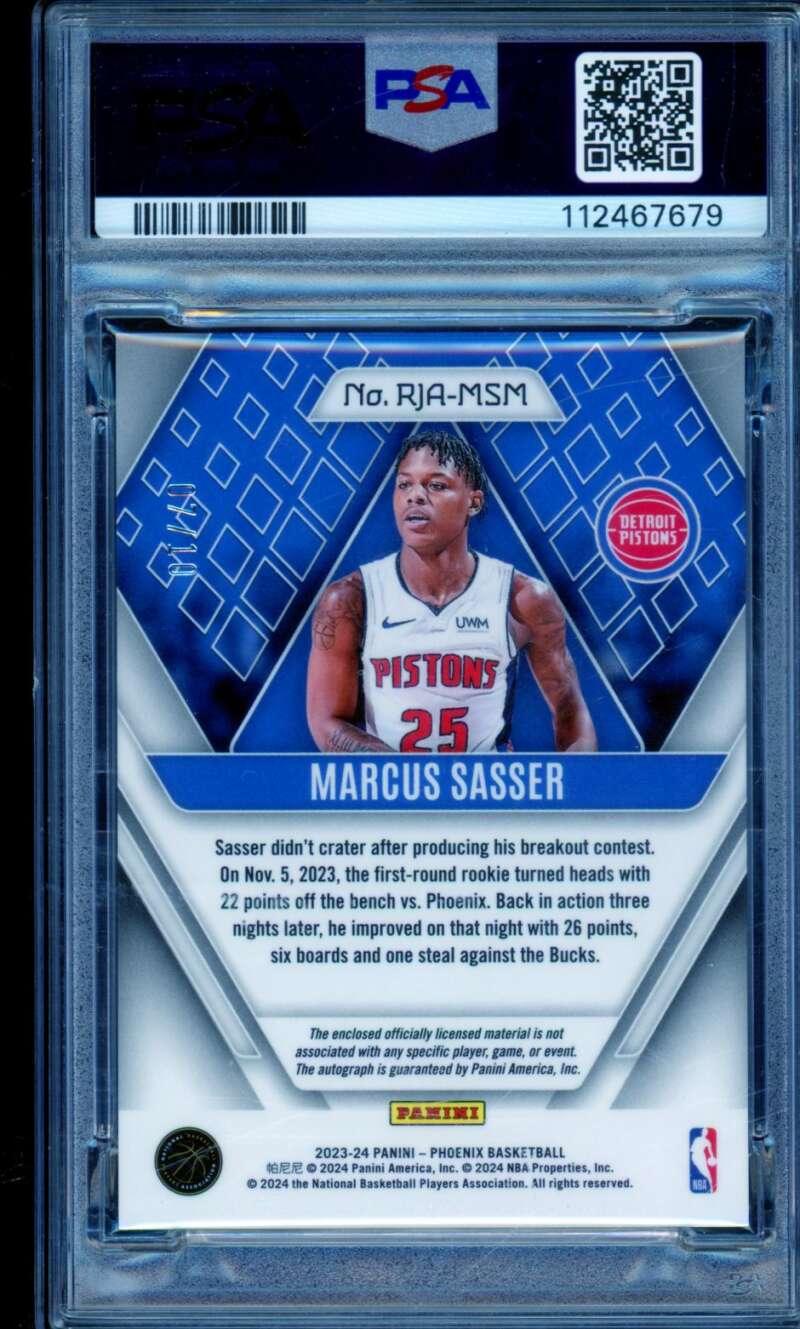 Marcus Sasser Rookie Card 2023-24 Phoenix Rookie Jersey Auto Gold #RJAMSM PSA 10 Image 2