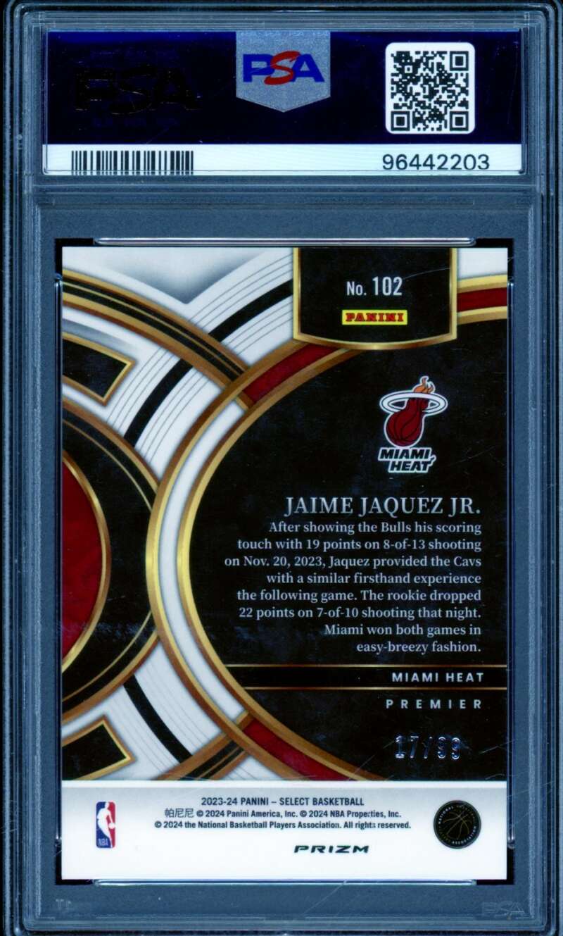 Jaime Jaquez Jr. Rookie Card 2023 Select Purple Cracked Ice #102 PSA 9 Image 2
