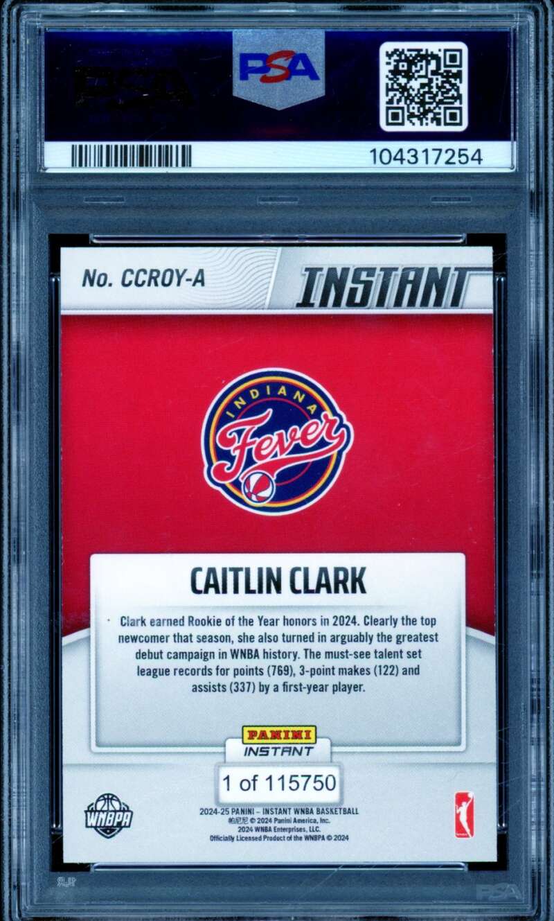 Caitlin Clark Rookie Card 2024 Panini Instant WNBA Rookie Of The Year #A PSA 9 Image 2