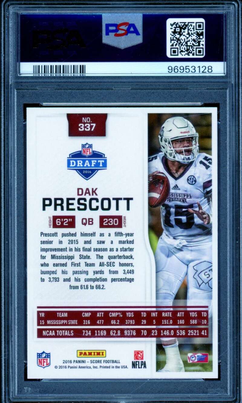 Dak Prescott Rookie Card 2016 Panini Score Scorecard (pop 10) #337 PSA 10 Image 2