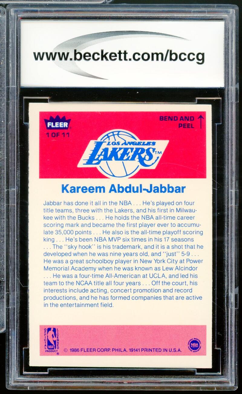 1986-87 Fleer Stickers #1 Kareem Abdul-Jabbar Card BGS BCCG 9 Near Mint+ Image 2