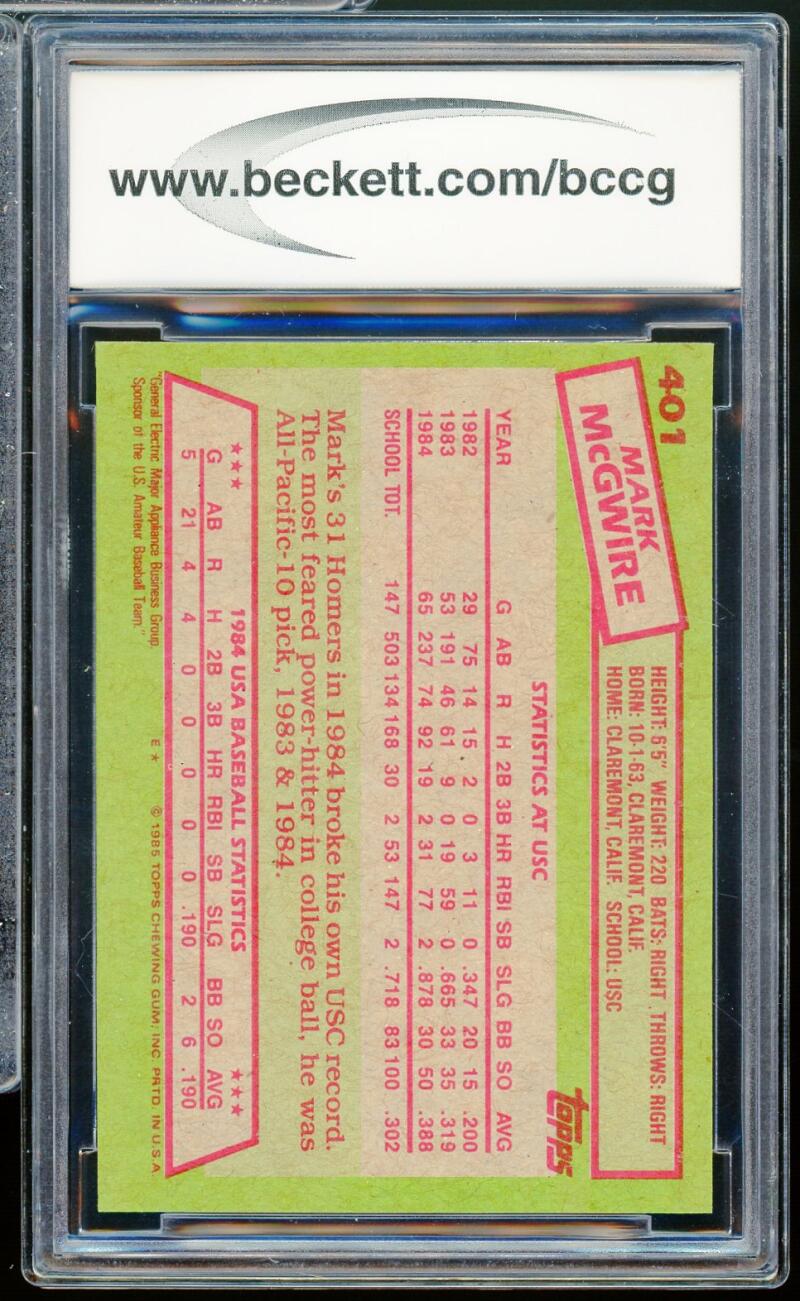 1985 Topps #401 Mark Mcgwire Rookie Card BGS BCCG 9 Near Mint+ Image 2