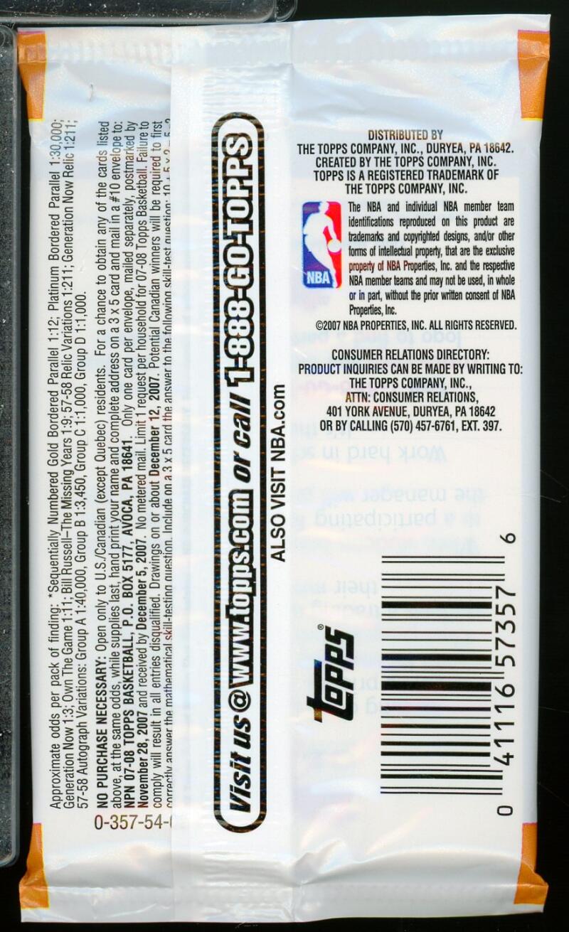 2007-08 Topps Exclusive Basketball Retail Pack  Durant Rookie Year! Image 2