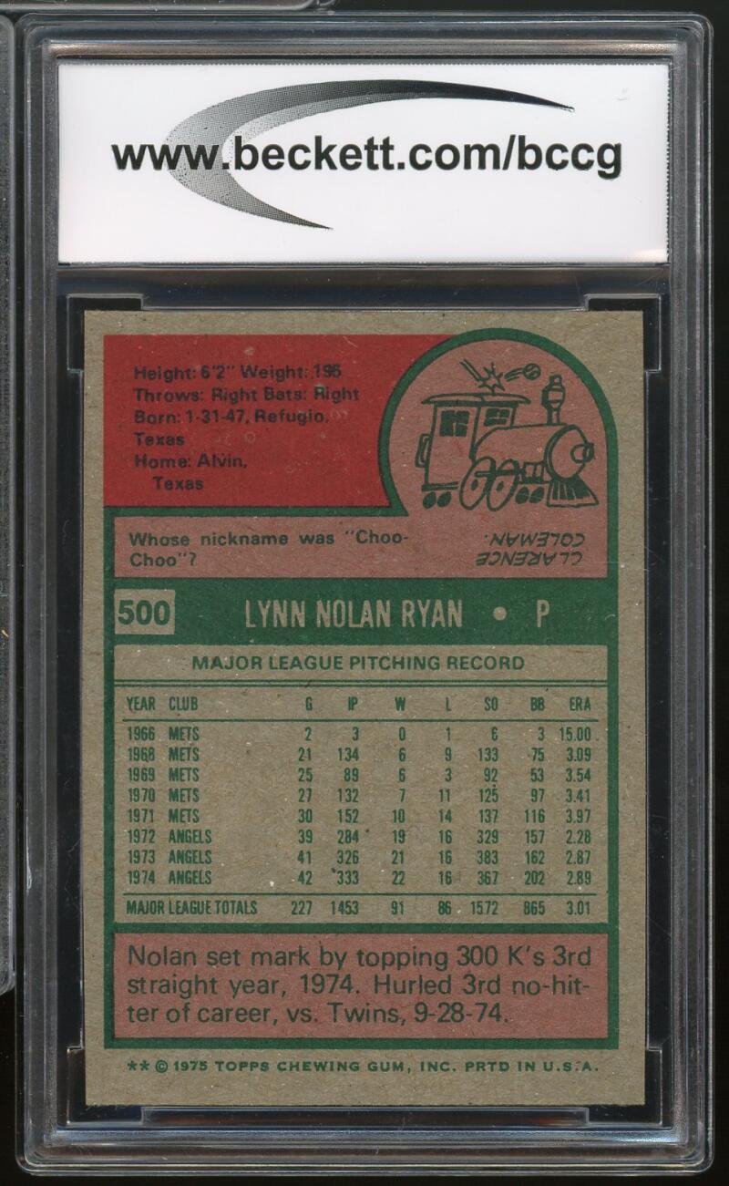 1975 Topps #500 Nolan Ryan Card BGS BCCG 8 Excellent+ Image 2