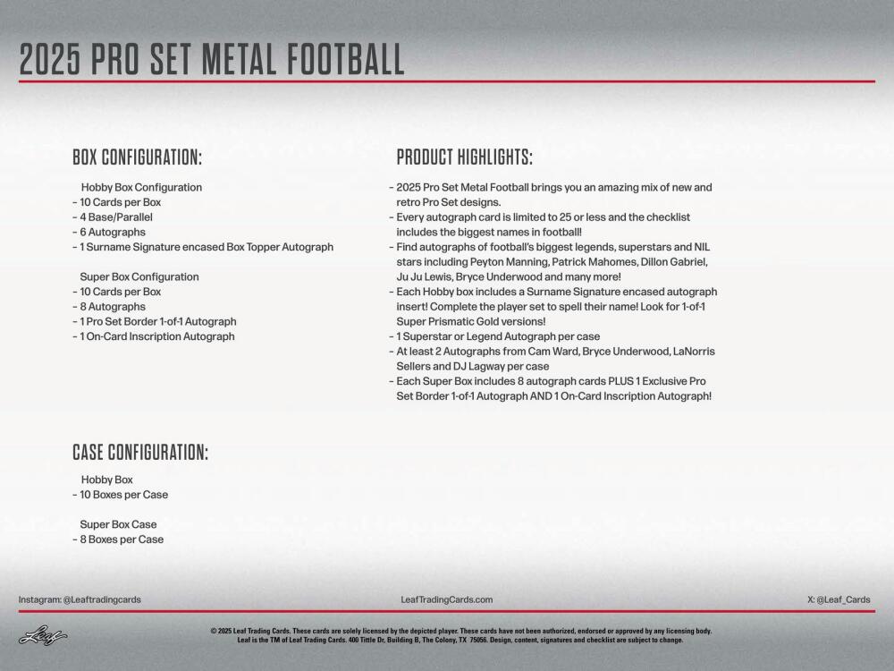 2025 Leaf Pro Set Metal Football Hobby Box Image 8