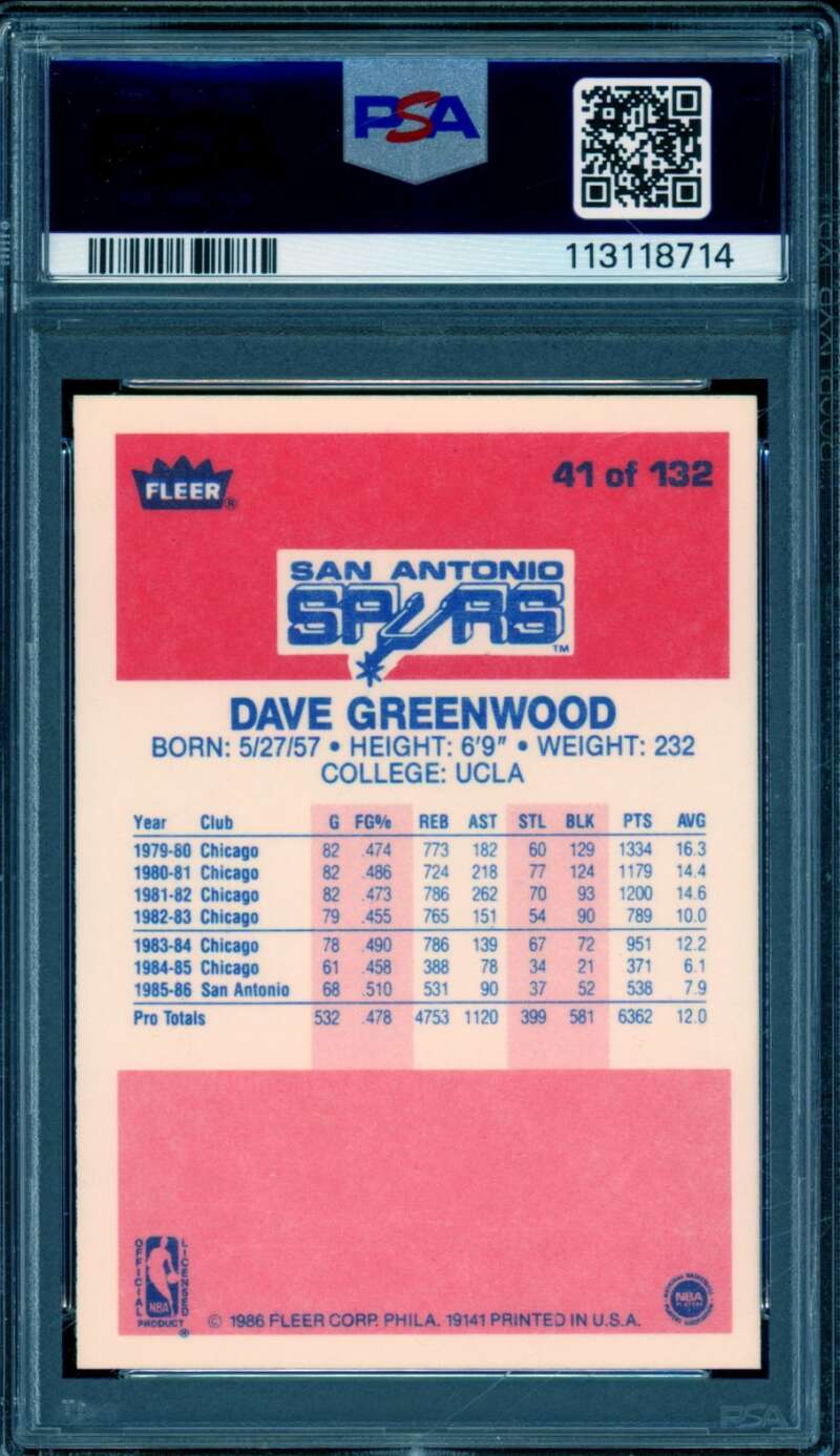 Dave Greenwood Card 1986-87 Fleer #41 PSA 9 Image 2