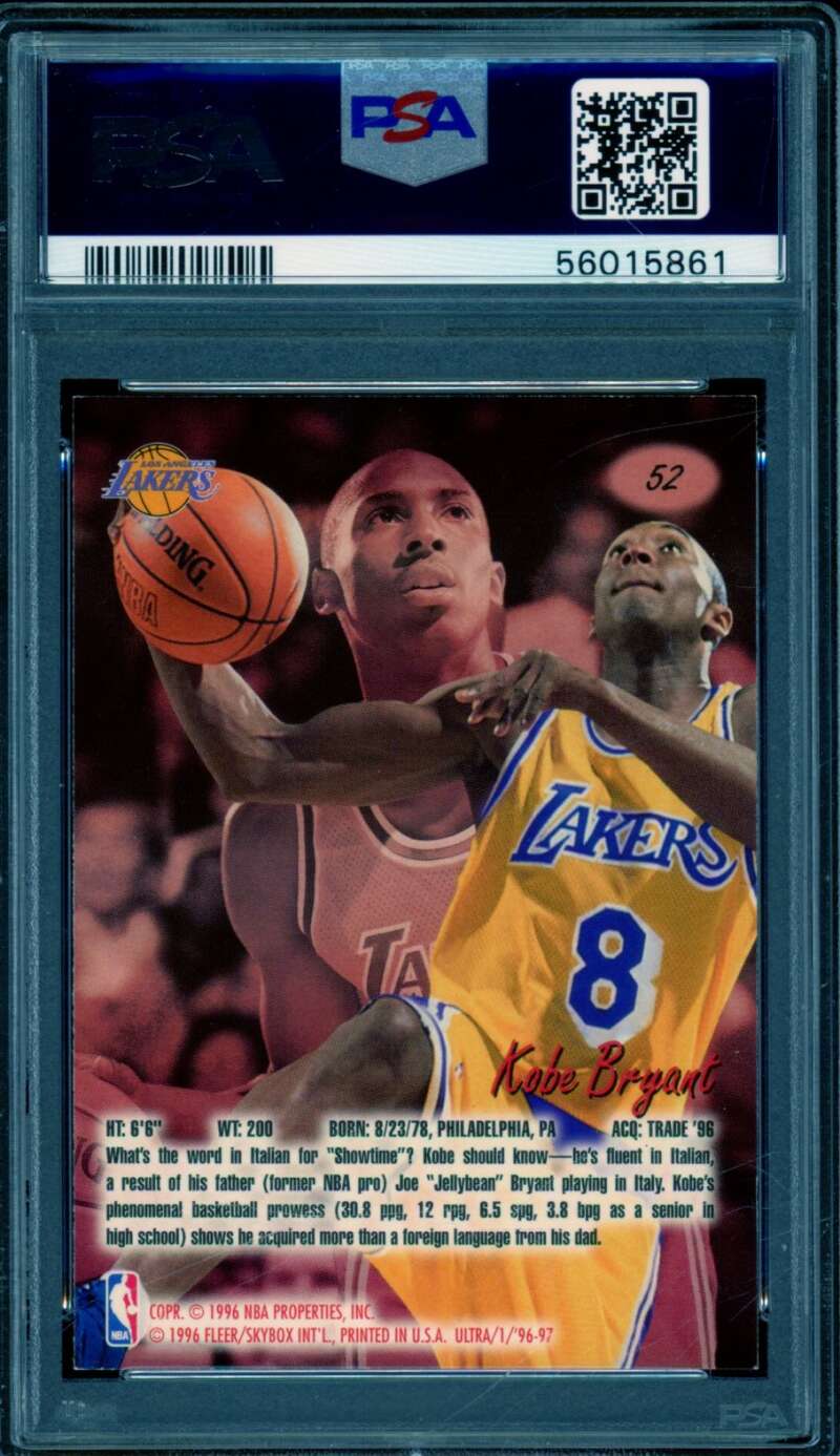 Kobe Bryant Rookie Card 1996-97 Ultra #52 PSA 9 Image 2
