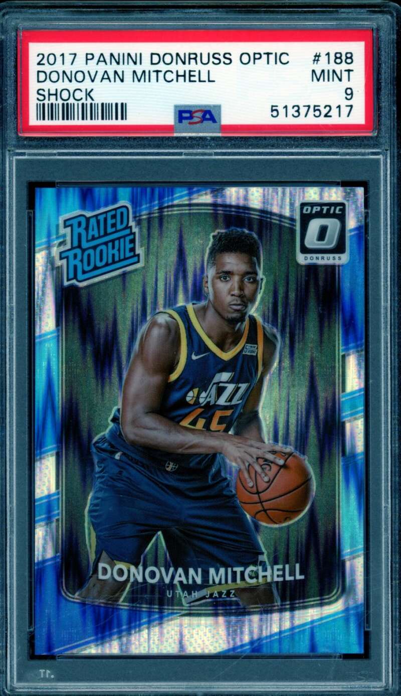 Donovan Mitchell Rookie Card 2017-18 Panini Donruss Optic Shock #188 PSA 9 Image 1
