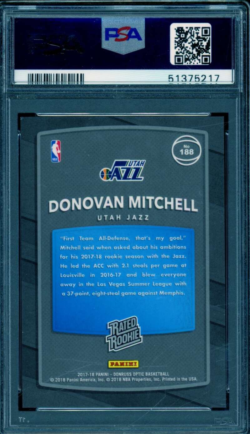 Donovan Mitchell Rookie Card 2017-18 Panini Donruss Optic Shock #188 PSA 9 Image 2