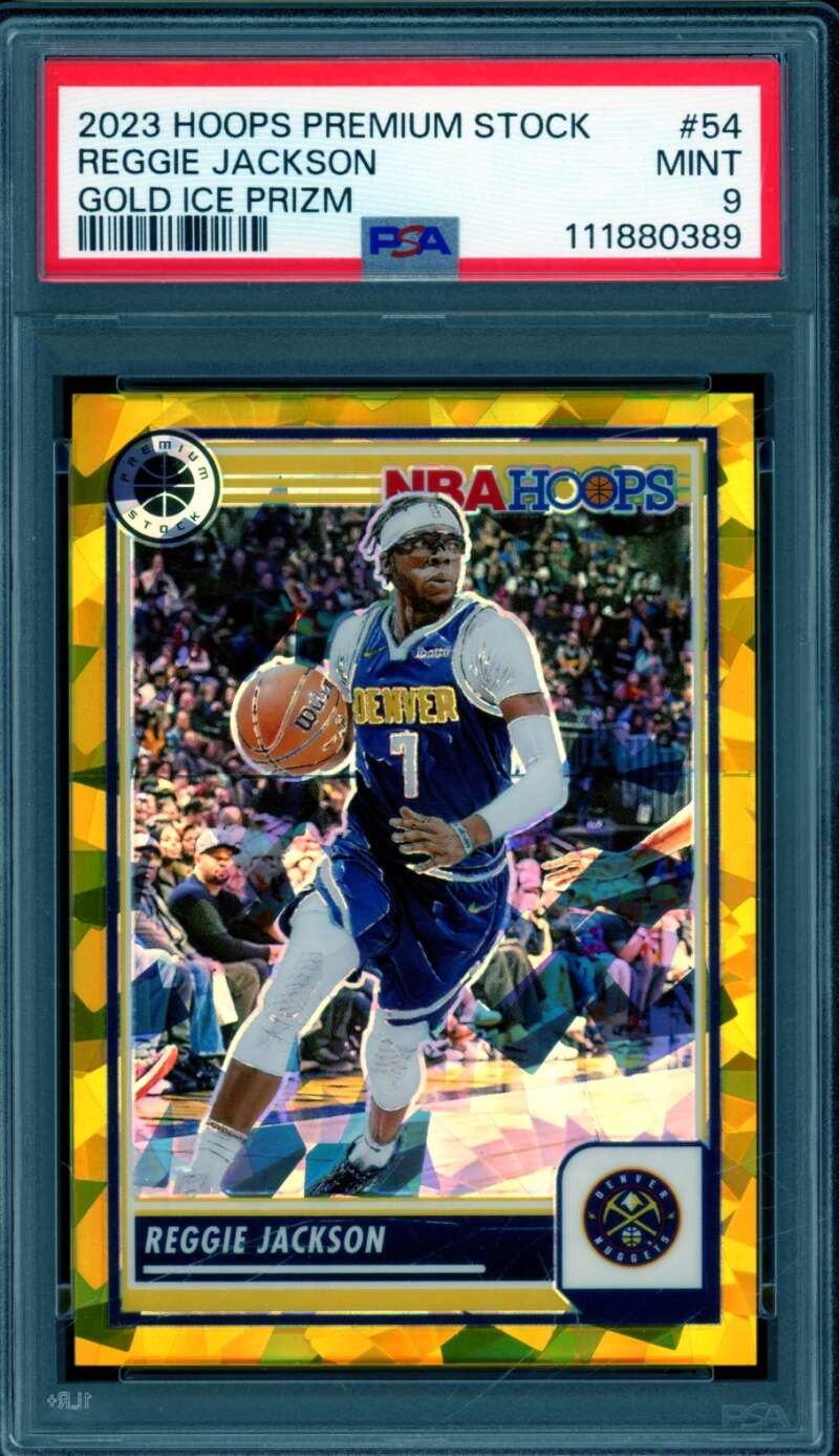 Reggie Jackson 2023-24 Hoops Premium Stock Gold Ice Prizm (10/10) #54 PSA 9 Image 1