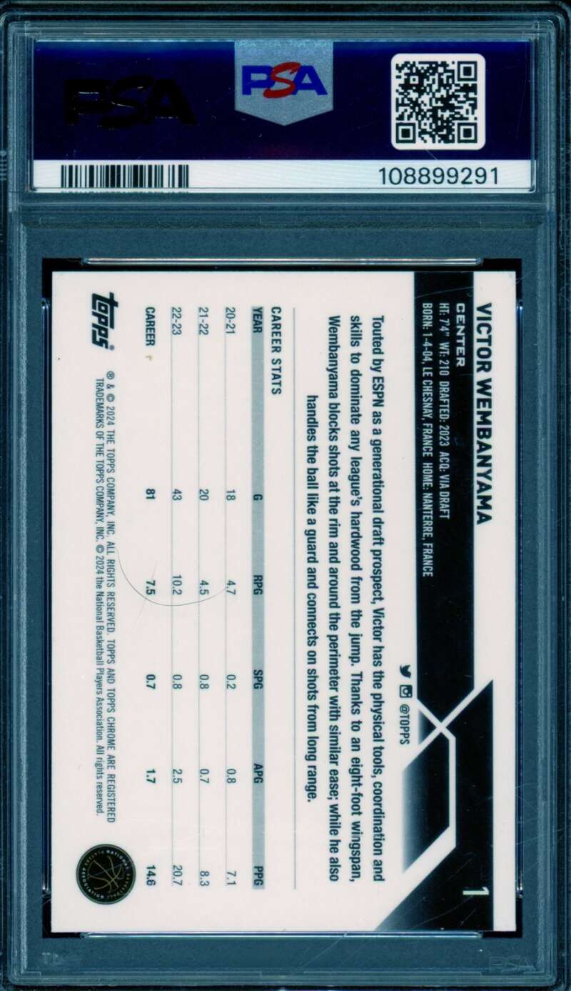 Victor Wembanyama Rookie Card 2023 Topps Chrome Blue Refractor #1 PSA 9 Image 2
