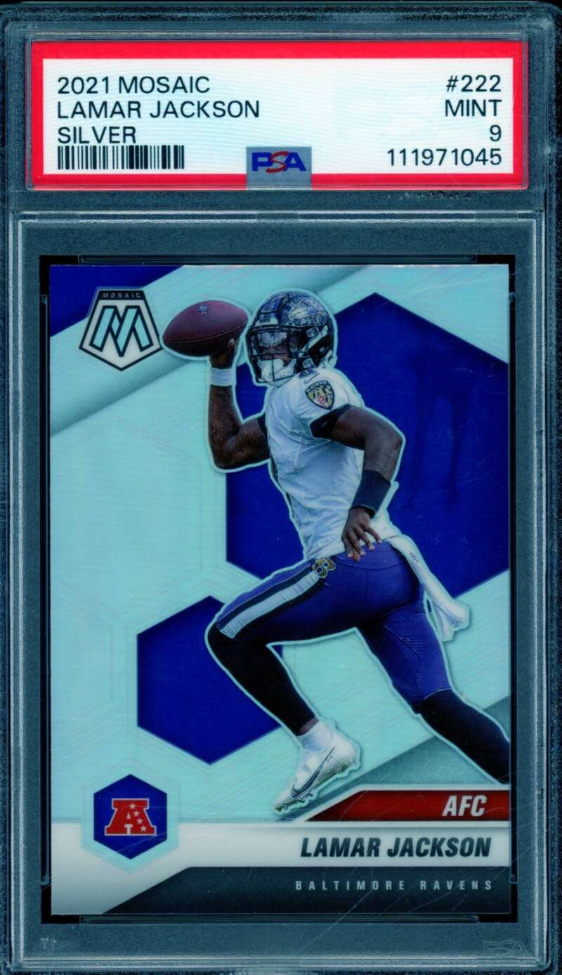Lamar Jackson Card 2021 Mosaic Silver (pop 2) #222 PSA 9 Image 1