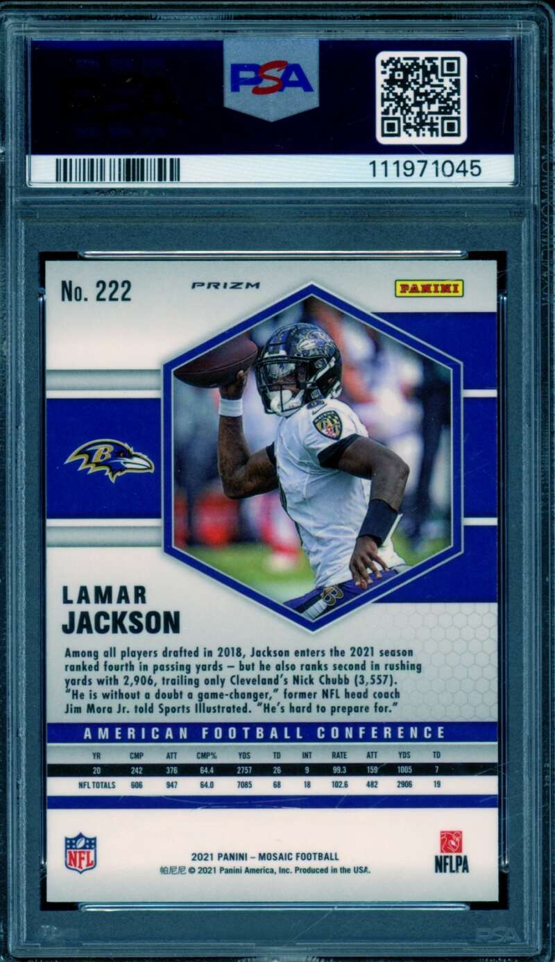 Lamar Jackson Card 2021 Mosaic Silver (pop 2) #222 PSA 9 Image 2