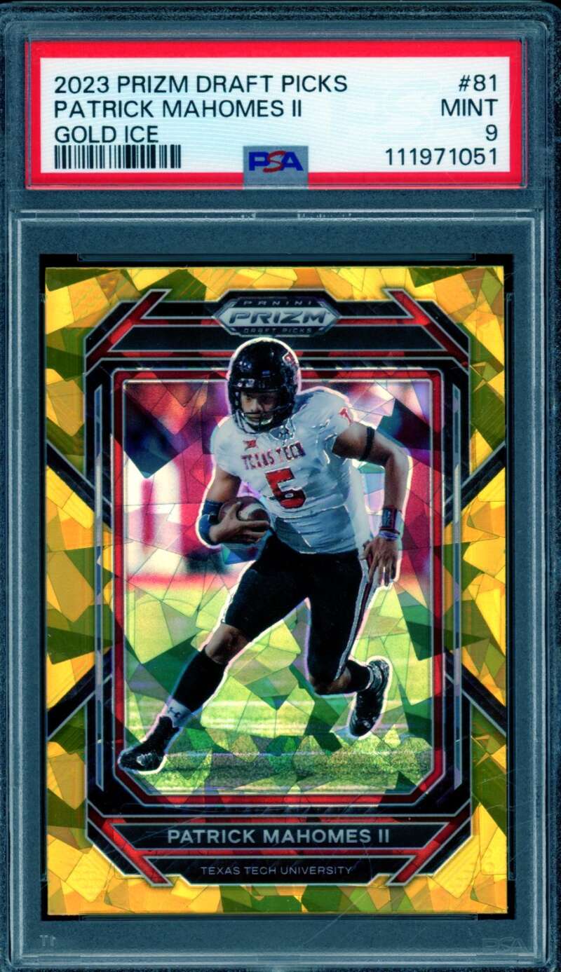 Patrick Mahomes II Card 2023 Prizm Draft Picks Gold Ice #81 PSA 9 Image 1