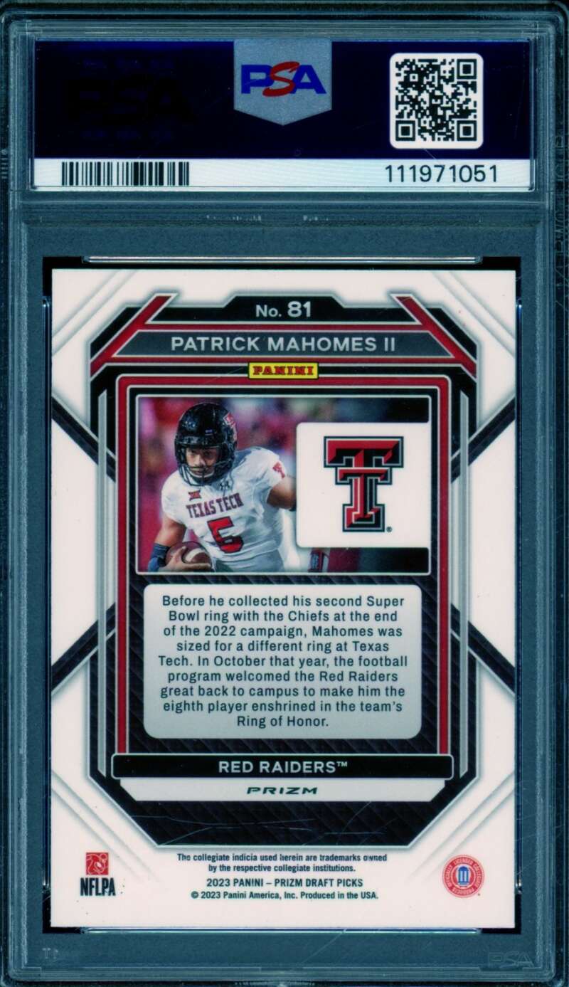 Patrick Mahomes II Card 2023 Prizm Draft Picks Gold Ice #81 PSA 9 Image 2