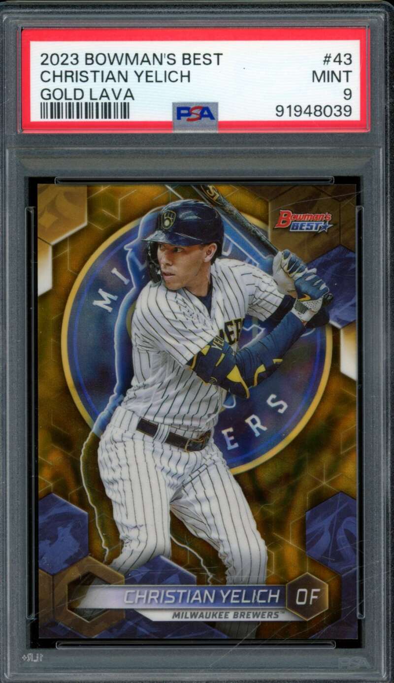 Christian Yelich Card 2023 Bowman's Best Gold Lava (1/75) (pop 1) #43 PSA 9 Image 1