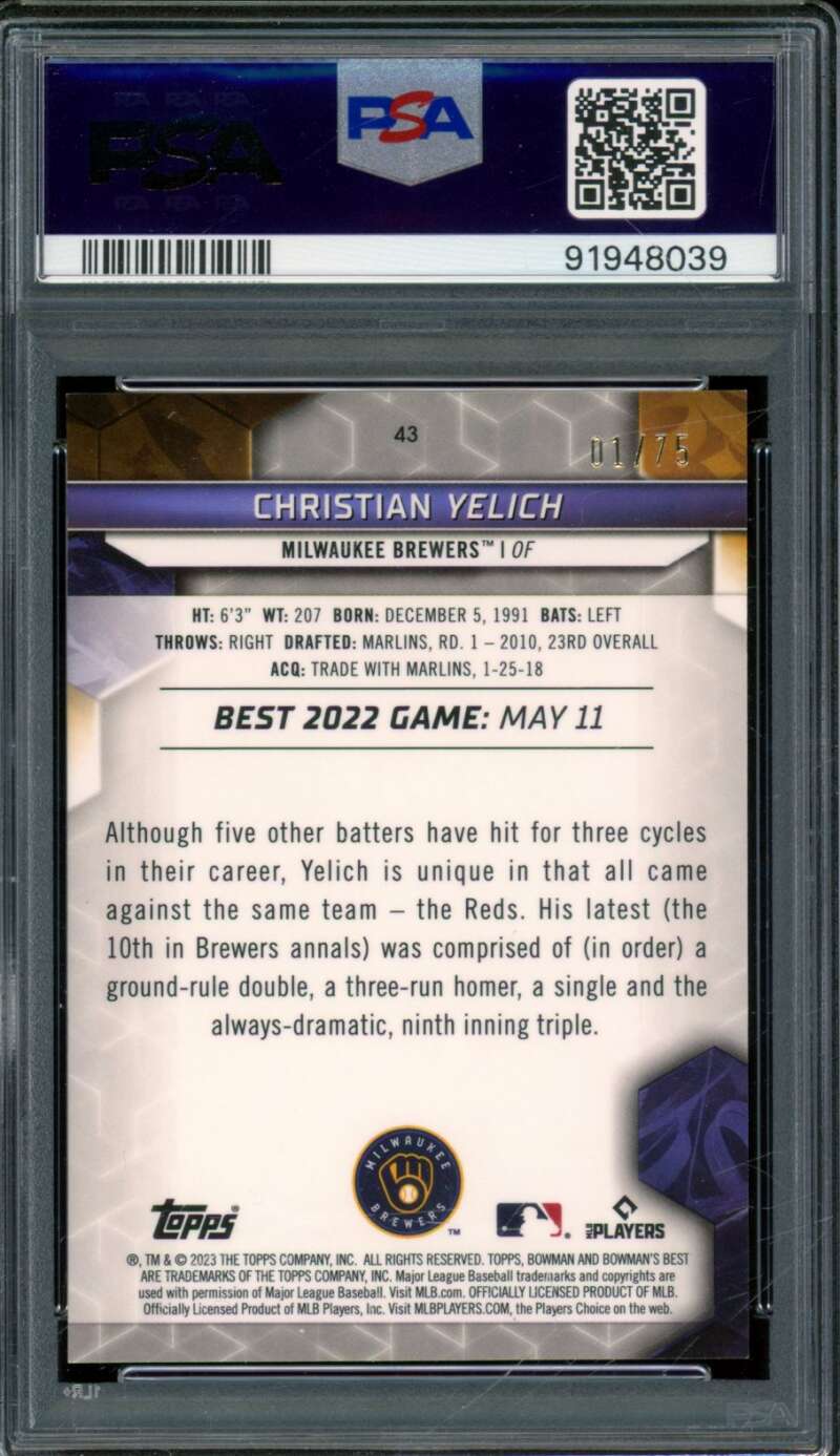 Christian Yelich Card 2023 Bowman's Best Gold Lava (1/75) (pop 1) #43 PSA 9 Image 2