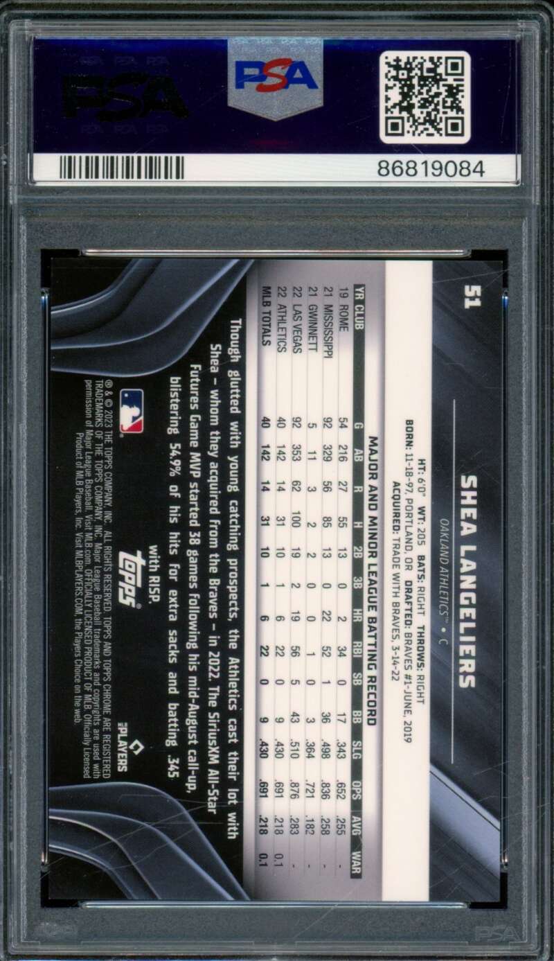 Shea Langeliers Rookie Card 2023 Topps Chrome Black Blue Lava (pop 1) #51 PSA 9 Image 2