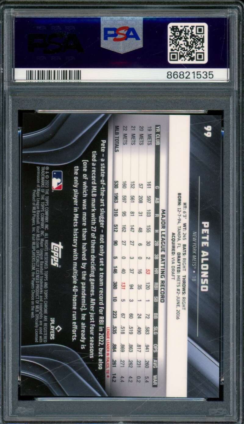 Pete Alonso Card 2023 Topps Chrome Black Blue Lava (pop 2) #99 PSA 9 Image 2