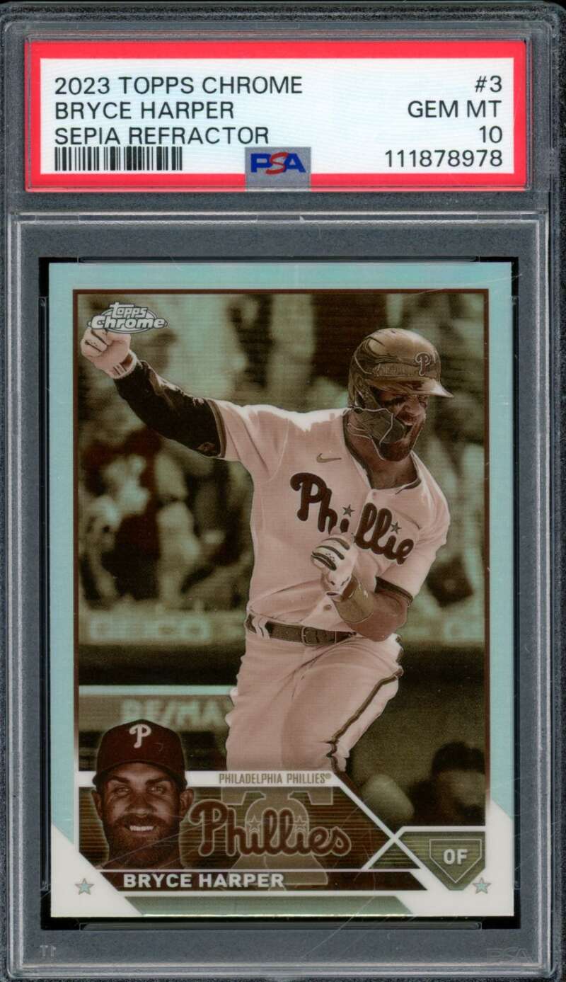 Bryce Harper Card 2023 Topps Chrome Sepia Refractor (pop 8) #3 PSA 10 Image 1