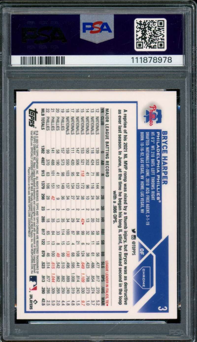 Bryce Harper Card 2023 Topps Chrome Sepia Refractor (pop 8) #3 PSA 10 Image 2