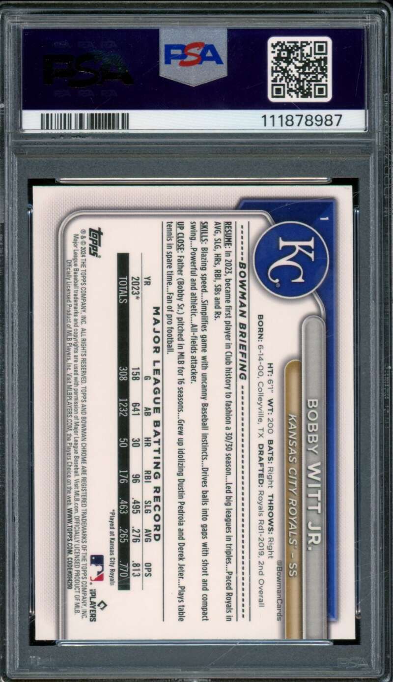 Bobby Witt Jr. Card 2024 Bowman Chrome M/B #1 PSA 9 Image 2
