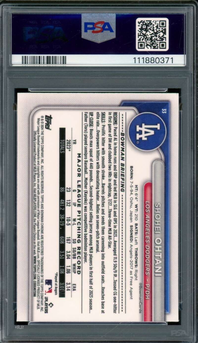 Shohei Ohtani 2024 Bowman Mega Box Chrome Purple Refractor (pop 8) #33 PSA 10 Image 2