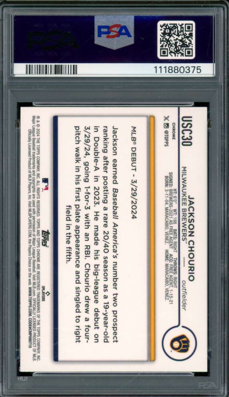 Jackson Chourio Rookie Card 2024 Topps Chrome Update X-Fractor #Usc30 PSA 10 Image 2
