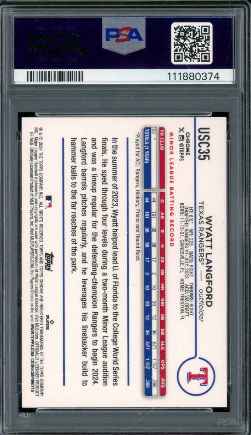 Wyatt Langford Rookie Card 2024 Topps Chrome Update X-Fractor #USC35 PSA 10 Image 2