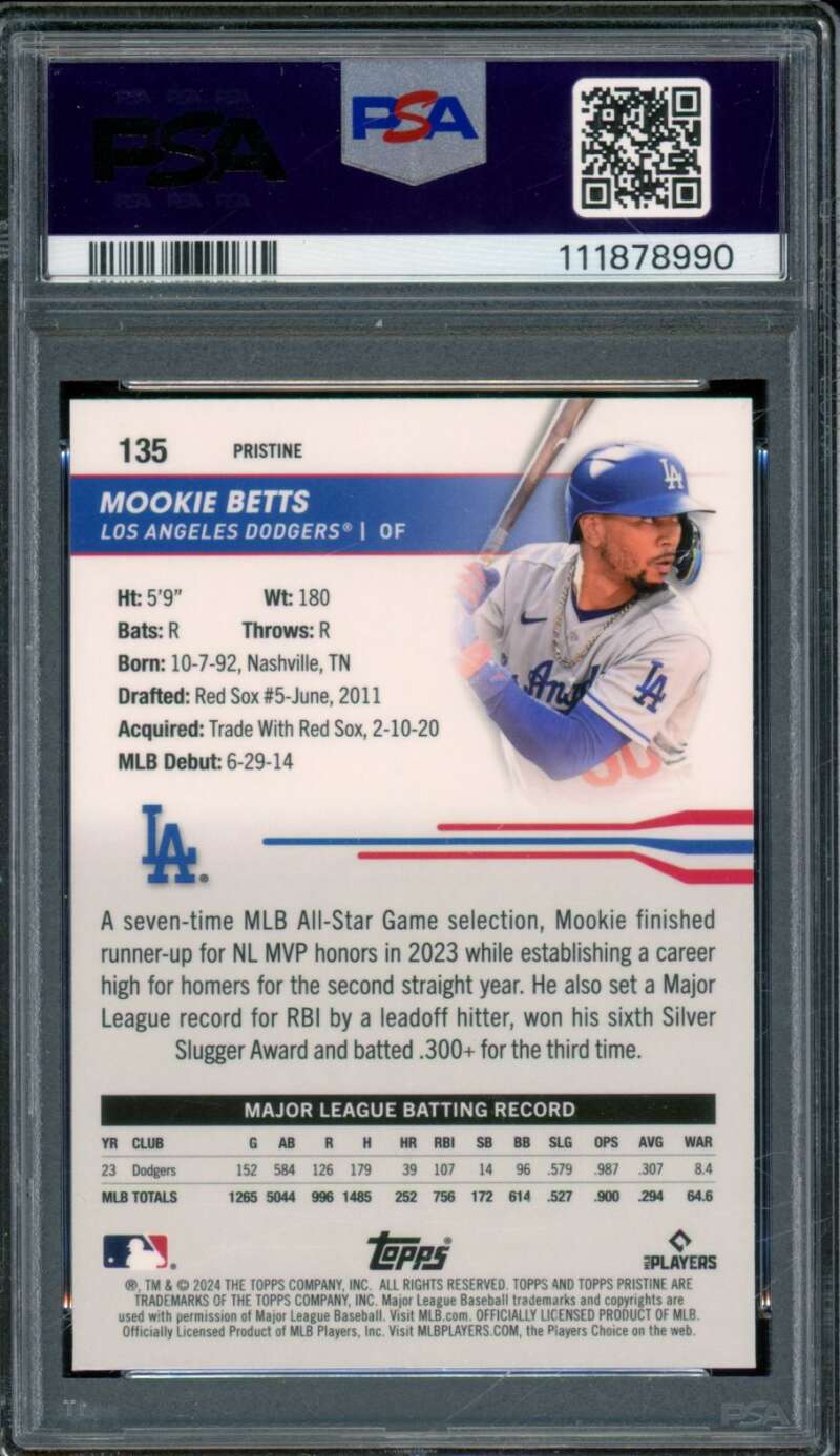 Mookie Betts Card 2024 Topps Pristine Pristine (pop 1) #135 PSA 9 Image 2